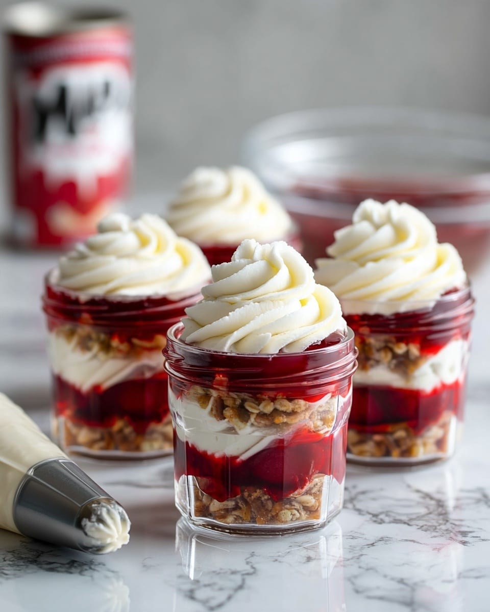 The image shows four small clear glass jars filled with a layered dessert on a white marbled surface. Each jar has three layers: a bottom layer of crumbled brown nuts or granola, a middle layer of bright red cherry sauce, and a thick layer of white creamy frosting on top, piped in a spiral swirl. In the background, there is a blurred can with a red and white label and a clear glass bowl. In the foreground, on the surface, there is a white piping bag with a metal tip filled with white cream. A woman's hand is barely visible holding the piping bag in the background. photo taken with an iphone --ar 4:5 --v 7
