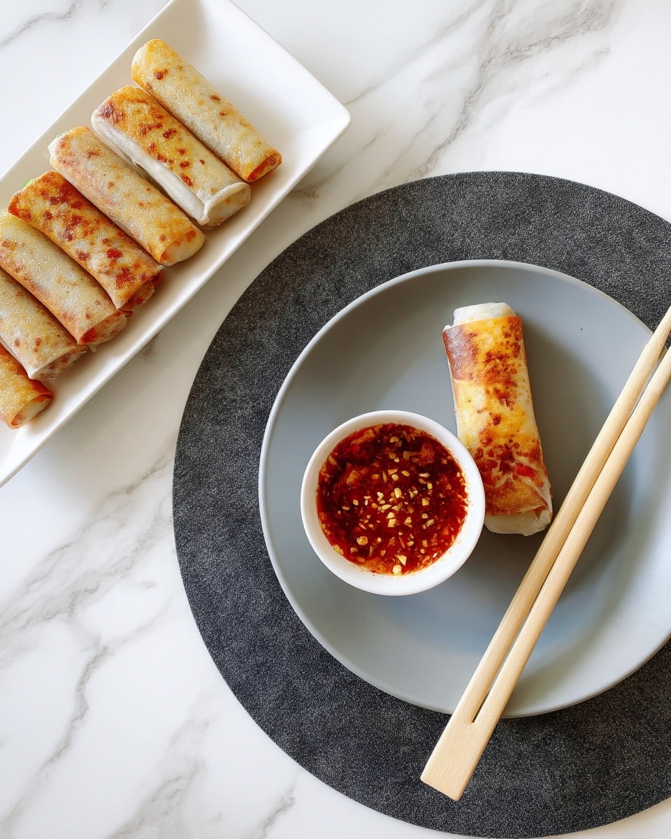 The image shows a light gray round plate on a dark gray round mat, both on a white marbled surface. On the plate, there is one grilled spring roll with a golden brown top layer that looks crispy and slightly textured. Next to it is a small white bowl filled with a thick red dipping sauce with visible chili flakes and seeds. Two light beige chopsticks rest diagonally across the plate toward the sauce bowl. In the top left corner, a white rectangular plate holds four more spring rolls with the same golden brown tops, all arranged in a row. photo taken with an iphone --ar 4:5 --v 7