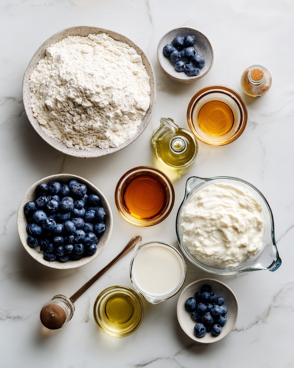 Top-down professional food photography, flat lay style, bright white marble countertop, neatly arranged, evenly spaced, tidy, clean organized layout, include: bowl of self-rising flour, small bowl of fresh blueberries, glass measuring cup of dairy-free Greek yogurt, small glass cup of maple syrup, small glass bottle of vanilla flavoring, small bottle of olive oil, small glass cup of almond milk, bright soft natural lighting, sharp focus, high detail textures, realistic reflections, professional DSLR look, 4K, no finished dish, no cooked food, no hands, no text, no watermark, no brand logos --ar 4:5 --v 7