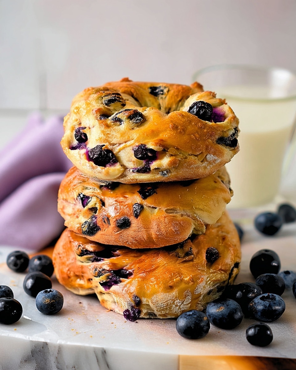 The image shows a stack of three golden-brown bagels with a shiny, slightly rough crust. Each bagel has many small dark purple blueberries embedded in the dough, peeking through the surface. The bagels are thick and round with a dense texture. Around the base of the stack, scattered fresh blueberries add deep blue and black tones. They rest on a white marbled textured surface with a wooden board partially visible under some parchment paper. The background is soft and blurred, with a glass of milk faintly seen and a light purple cloth adding a touch of color. photo taken with an iphone --ar 4:5 --v 7