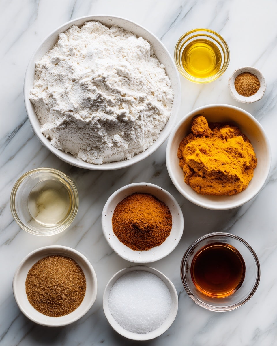 Top-down professional food photography flat lay style, bright white marble countertop, neatly arranged, evenly spaced, tidy, clean organized layout, include: bowl of self-rising flour, small glass cup of mild-flavor olive oil, bowl of pumpkin puree, small bowl of pumpkin spices, small bowl of brown sugar, small bowl of unrefined cane sugar, small glass cup of melted coconut oil, bright soft natural lighting, sharp focus, high detail textures, realistic reflections, professional DSLR look, 4K, no finished dish, no cooked food, no hands, no text, no watermark, no brand logos --ar 4:5 --v 7