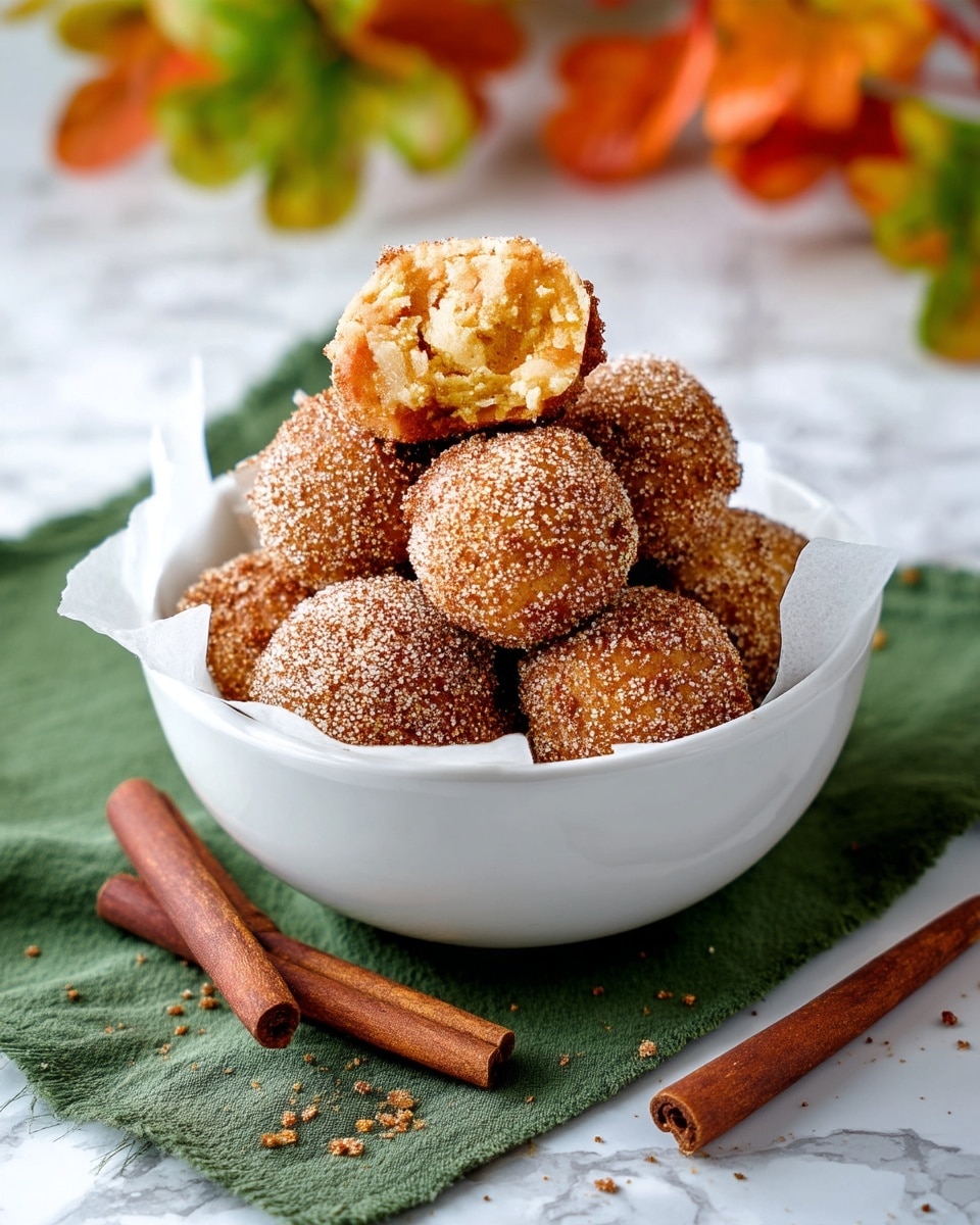 A white bowl filled with round, brown sugar and cinnamon-coated balls stacked in a small pile, with one ball on top showing a crumbly light golden inside. The balls have a grainy texture on the surface from the sugar and cinnamon mix. Two whole cinnamon sticks lie next to the pile on a piece of white parchment paper inside the bowl. The bowl is placed on a green cloth over a white marbled surface, with blurred autumn leaves in the background. Photo taken with an iphone --ar 4:5 --v 7