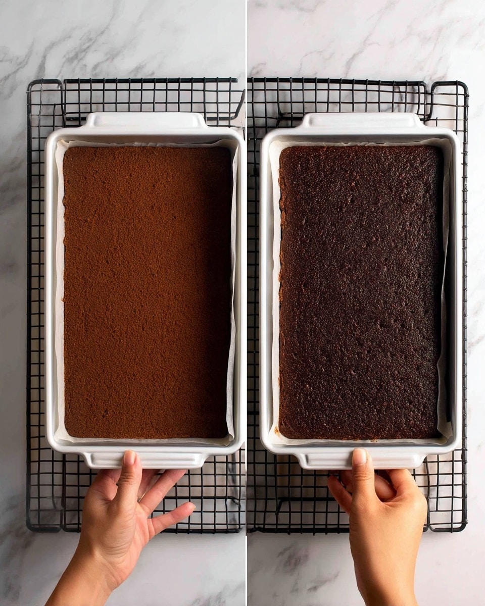 The image shows two side-by-side scenes: on the left, a dark brown, smooth, and even layer of cake batter is spread out evenly in a white rectangular baking tray lined with parchment paper, resting on a black wire cooling rack; on the right, a dark baked sheet of cake with a slightly rough texture is cooling on the same black wire rack, held by a woman's hand against a white marbled surface. photo taken with an iphone --ar 4:5 --v 7