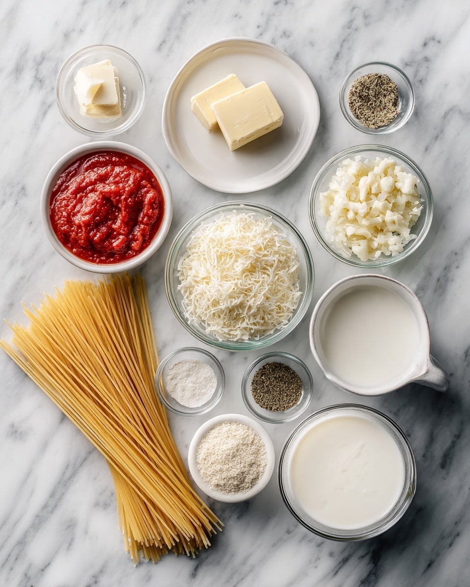 Top-down professional food photography, flat lay style, bright white marble countertop, neatly arranged, evenly spaced, tidy, clean organized layout. Include: bowl of uncooked spaghetti, small plate of unsalted butter, small bowl of minced garlic, small bowl of finely chopped onion, glass measuring cup of tomato passata, glass measuring cup of heavy cream, glass measuring cup of low-fat milk, small bowl of finely grated parmesan cheese, small bowl of dried basil, small bowl of crumbled chicken or vegetable stock powder, small bowl of finely ground black pepper, small bowl of salt. Bright soft natural lighting, sharp focus, high detail textures, realistic reflections, professional DSLR look, 4K. No finished dish, no cooked food, no hands, no text, no watermark, no brand logos --ar 4:5 --v 7