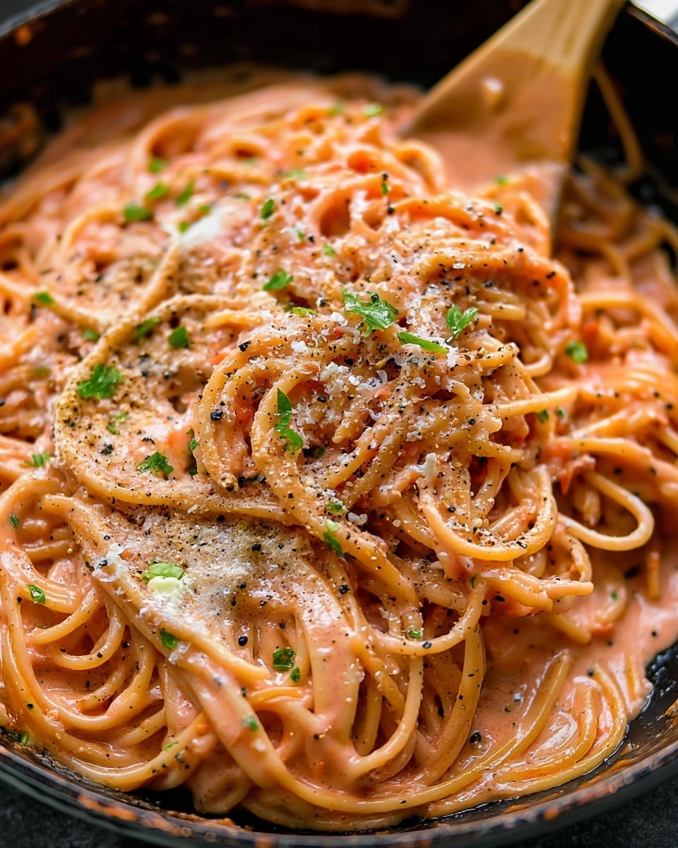 A close-up view of creamy spaghetti coated in a thick, smooth pinkish sauce with flecks of black pepper and sprinkled with grated cheese and small green herb pieces on top. The pasta strands are tangled and glossy, resting inside a black pan, with a wooden spoon lifting some noodles on the right side. The sauce looks rich and evenly mixed through the noodles, showing a soft, velvety texture. photo taken with an iphone --ar 4:5 --v 7