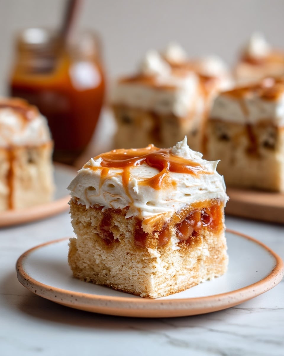 A square piece of cake with two layers sits on a white plate with a tan rim, placed on a white marbled surface. The bottom layer is light brown and looks soft and spongy with some darker brown swirls inside. The top layer is a thick creamy frosting, off-white in color, with smooth swirls and a shiny, slightly darker caramel-like drizzle on top. In the background, more pieces of the same cake and a blurry jar with caramel sauce can be seen. Photo taken with an iphone --ar 4:5 --v 7