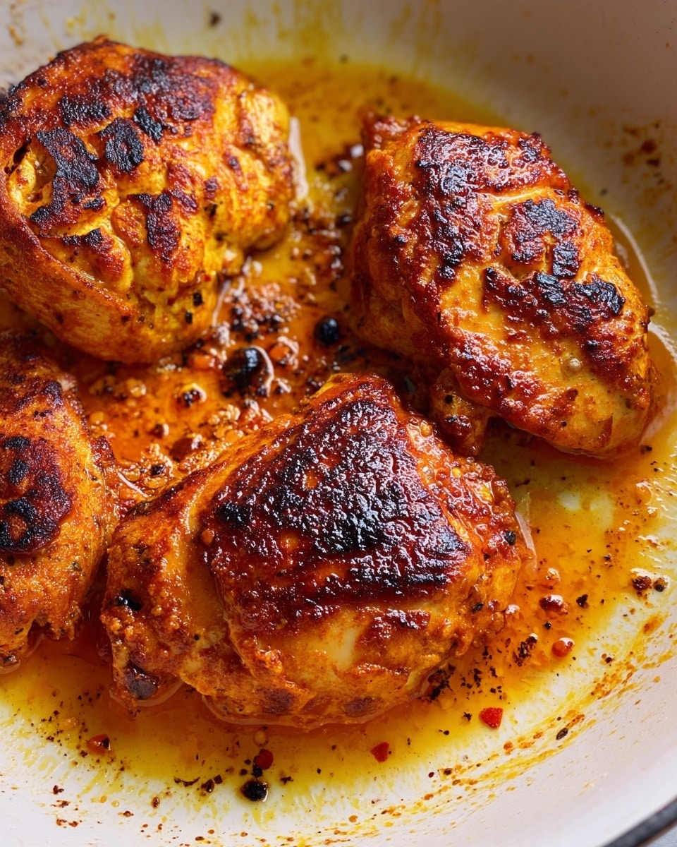 The image shows three pieces of golden-brown cooked chicken in a white pan. Each piece has a slightly charred and crispy outside with a rich orange and dark brown color from spices and cooking. The chicken is sizzling in oil and juices, with small black and orange bits scattered around the pan, giving a textured and slightly oily surface. The pan’s inside is white with some browned marks from the cooking process. photo taken with an iphone --ar 4:5 --v 7