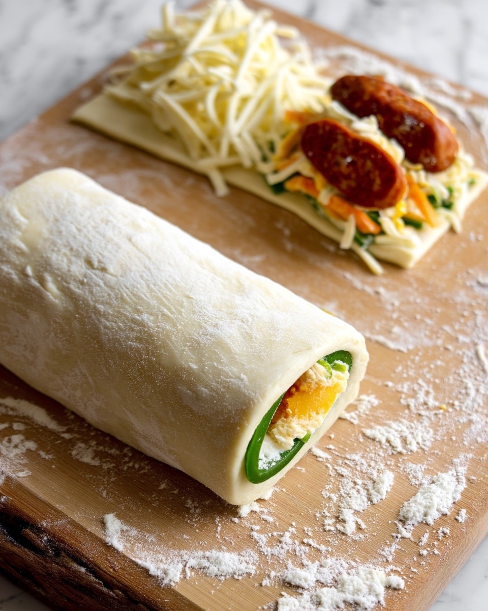 A close-up view of a raw rolled dough piece and one unrolled piece on a wooden board dusted with flour. The unrolled dough strip is white and rectangular with three visible layers: a base layer of soft white cream, a middle layer of green vegetable slice, and a top layer of a browned sausage link. The rolled piece is thick, pale dough tightly wrapped around similar layers visible through the open side: white cream, orange shredded cheese, and green vegetable. The background is a white marbled texture. photo taken with an iphone --ar 4:5 --v 7