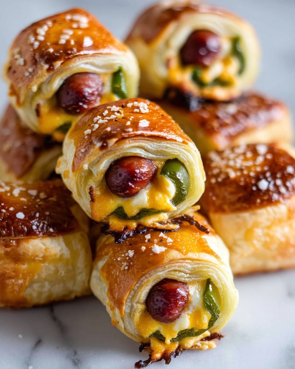 A stack of small puff pastry rolls filled with a dark reddish-brown sausage in the center, surrounded by melted yellow cheese and green pepper slices. The rolls have a shiny, golden brown top sprinkled with coarse salt. The layers of the pastry are light and flaky, showing a soft, creamy inside around the sausage and cheese. The rolls are arranged closely on a white marbled surface that is just barely visible beneath them. Photo taken with an iphone --ar 4:5 --v 7