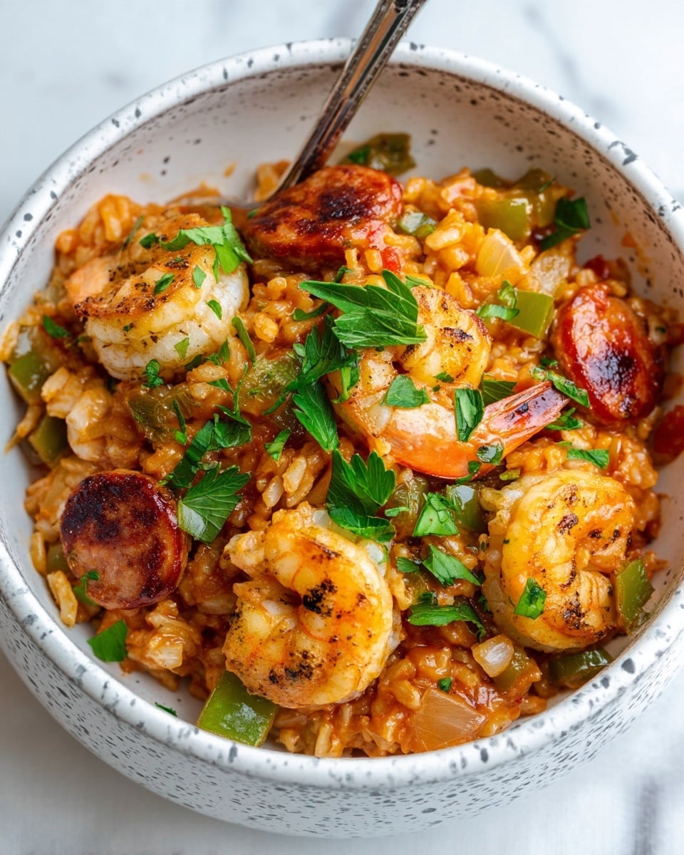 A close-up shot shows a white speckled bowl filled with a rice dish made of three main visible layers: at the base, there is soft, moist rice coated with a reddish-orange sauce; mixed throughout the rice are small chopped green bell peppers and onion pieces, adding green and white color and texture; on top of the rice, there are several grilled shrimp with a light golden-brown color and seared marks, alongside slices of browned sausage. Sprinkled fresh chopped parsley green leaves add contrast on top. A silver fork rests on the edge of the bowl against a white marbled surface. Photo taken with an iphone --ar 4:5 --v 7
