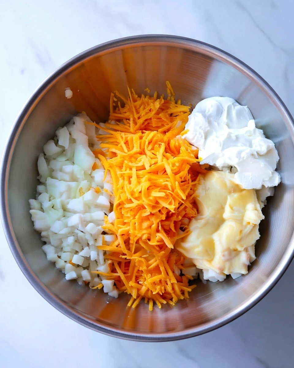 A large silver metal bowl holds four main layers of ingredients placed side by side: finely diced white potatoes on the left, shredded bright orange cheddar cheese in the center, a scoop of thick white sour cream on the upper right, and a dollop of smooth pale yellow creamy mixture on the lower right. The diced potatoes have a slightly moist texture, while the shredded cheese looks fresh and thin. The sour cream is fluffy and thick, and the creamy mixture appears smooth and dense. The bowl sits on a white marbled surface. Photo taken with an iphone --ar 4:5 --v 7