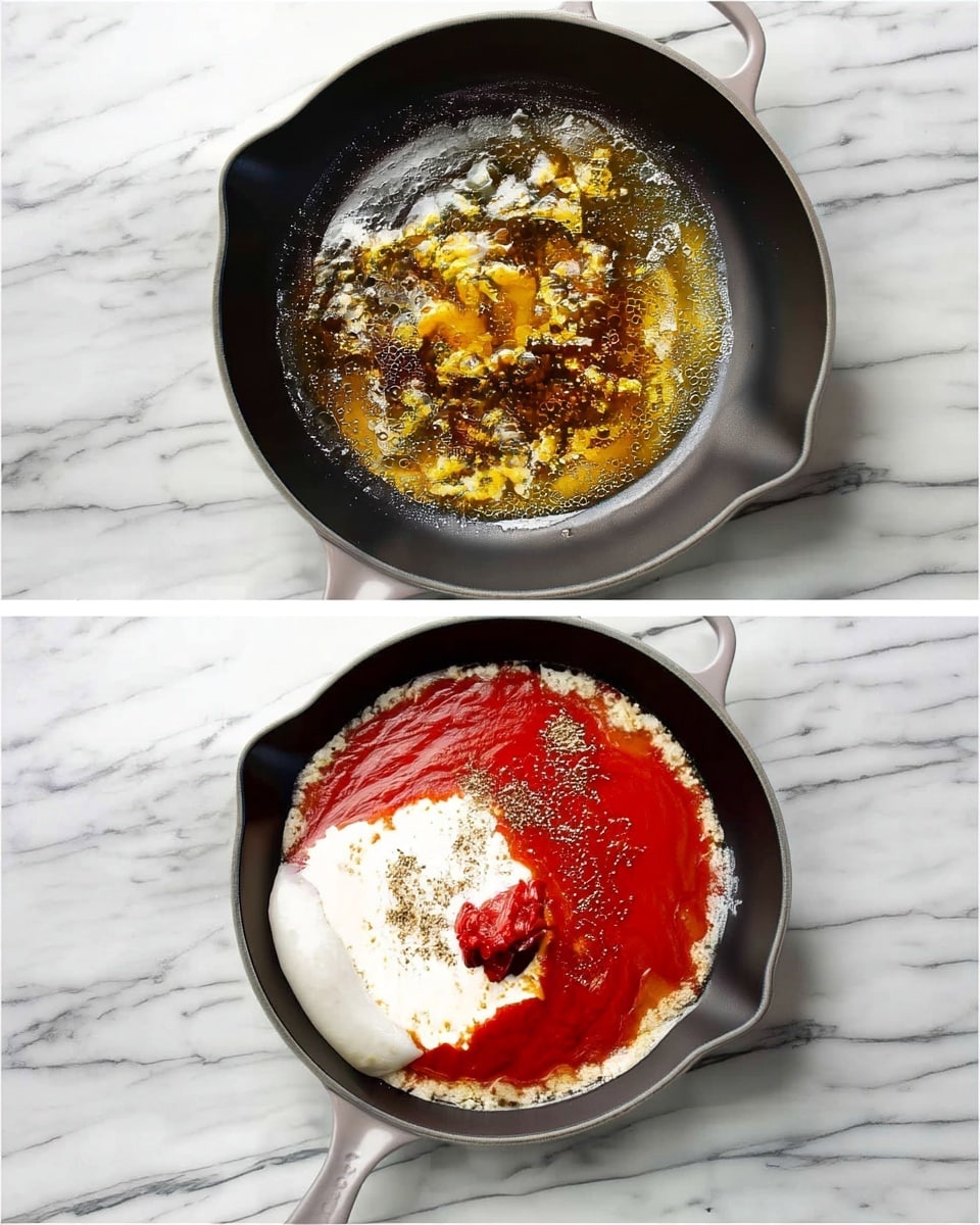 The first image shows a dark grey cooking pan on a white marbled surface with melted butter spreading and bubbling on the bottom, creating a shiny and slightly foamy texture. The second image shows the same pan on the same surface filled with different layers of ingredients: a base layer of melted butter, a large circle of red tomato sauce covering most of the pan surface, a cluster of white cream on one side, a small dollop of darker red tomato paste near the cream, and sprinkled black and white spices scattered over the top, all contained within the pan edges. photo taken with an iphone --ar 4:5 --v 7