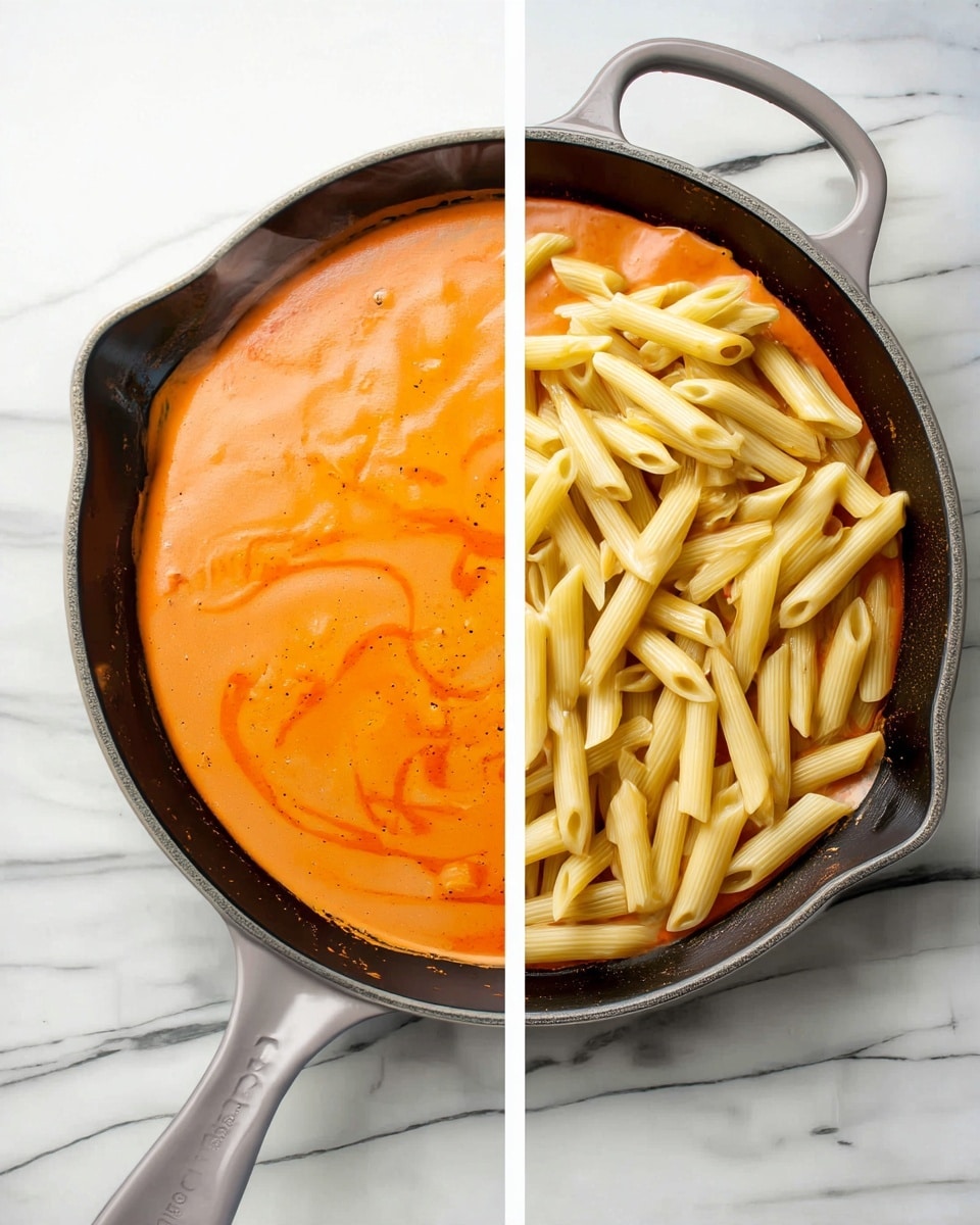 The image shows two side-by-side views of a cast iron pan on a white marbled surface. In the left view, the pan is filled with a smooth, creamy orange sauce evenly spread across the pan. In the right view, the same orange sauce covers the bottom of the pan, but with a single layer of cooked penne pasta placed loosely on top, the pale yellow pasta pieces contrasting with the orange sauce. The pan is dark grey with a simple handle. photo taken with an iphone --ar 4:5 --v 7