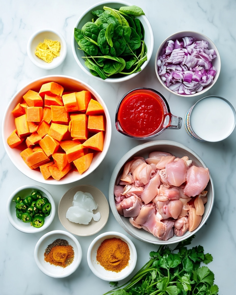 The image shows a top view of several white bowls and dishes on a white marbled surface holding various cooking ingredients. There is a large white bowl filled with bright orange chunks of sweet potato at the bottom left, next to a medium white bowl with fresh green spinach leaves at the top left. To the right of the spinach is an open can of coconut milk with a white liquid inside. Next to the can is a small white dish with finely grated yellow ginger, followed by a slightly larger bowl containing chopped red onions showing purple and white layers. Above the onions is a small white bowl with green chopped jalapeño peppers. Beside the jalapeños is a small light-colored dish holding a white dollop of solid coconut oil. Below the oil is a large white bowl filled with raw pink chicken pieces. In the center is a clear glass measuring cup filled with thick red tomato sauce. Below the tomato sauce is a shallow white dish with several spices in a circular arrangement, including bright orange turmeric, brown and black pepper, and white salt. At the bottom right corner is a bunch of fresh green cilantro with leaves and stems. Photo taken with an iphone --ar 4:5 --v 7