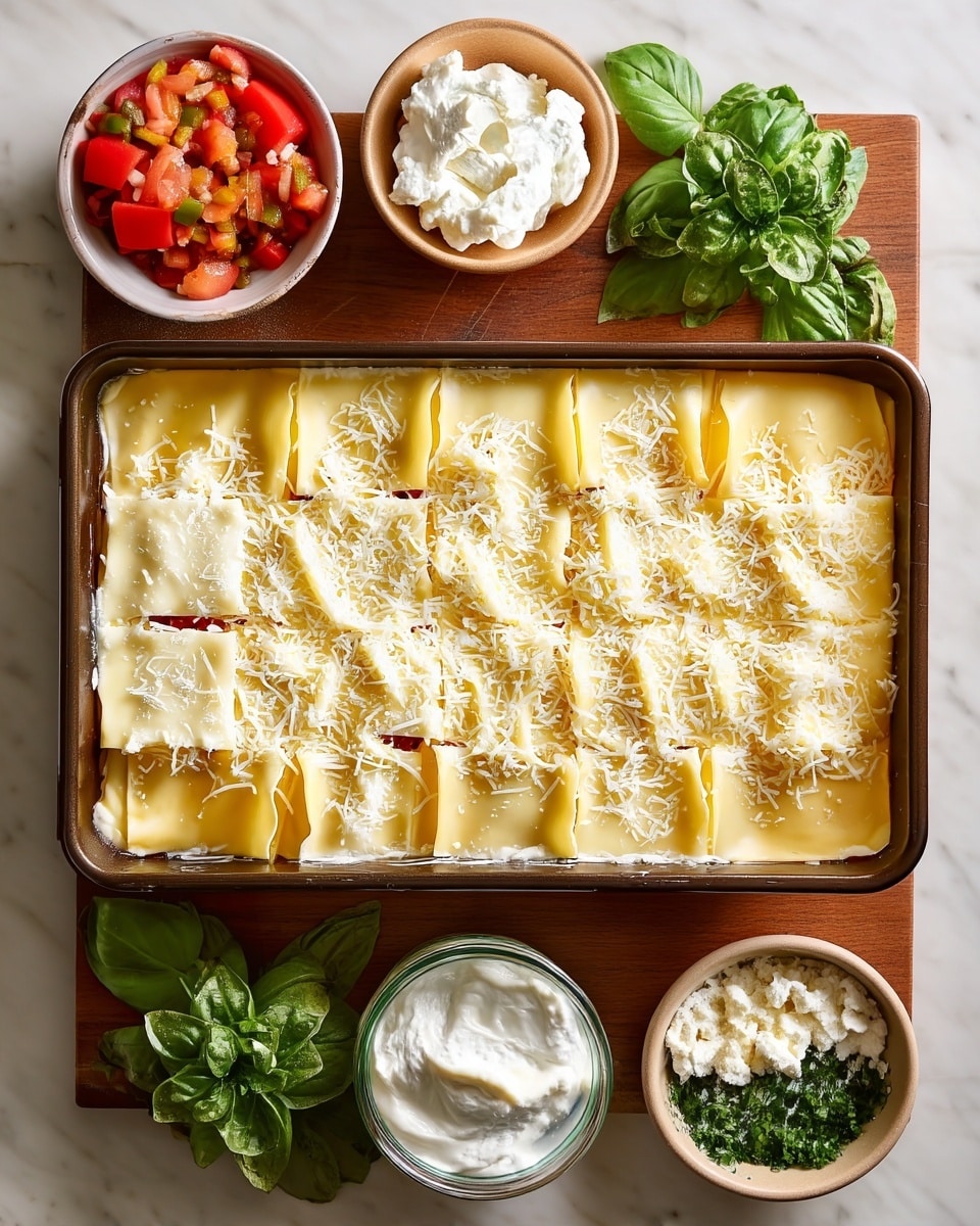 A rectangular baking pan filled with lasagna is placed on a wooden table. The lasagna has a top layer of smooth, pale yellow pasta sheets, arranged in rows with some slight overlap. Shredded white cheese is sprinkled evenly across the pasta layer, giving a textured look. Around the pan, there are several small white bowls: one with a mix of diced red tomatoes and green vegetables, another with a fluffy white cheese, a third with a light brown crumbly powder, a fourth with chopped white cheese and green herbs, and a clear jar filled with smooth white sauce. A cluster of fresh green basil leaves adds a pop of color next to the jars. The surface beneath everything is a white marbled texture. photo taken with an iphone --ar 4:5 --v 7