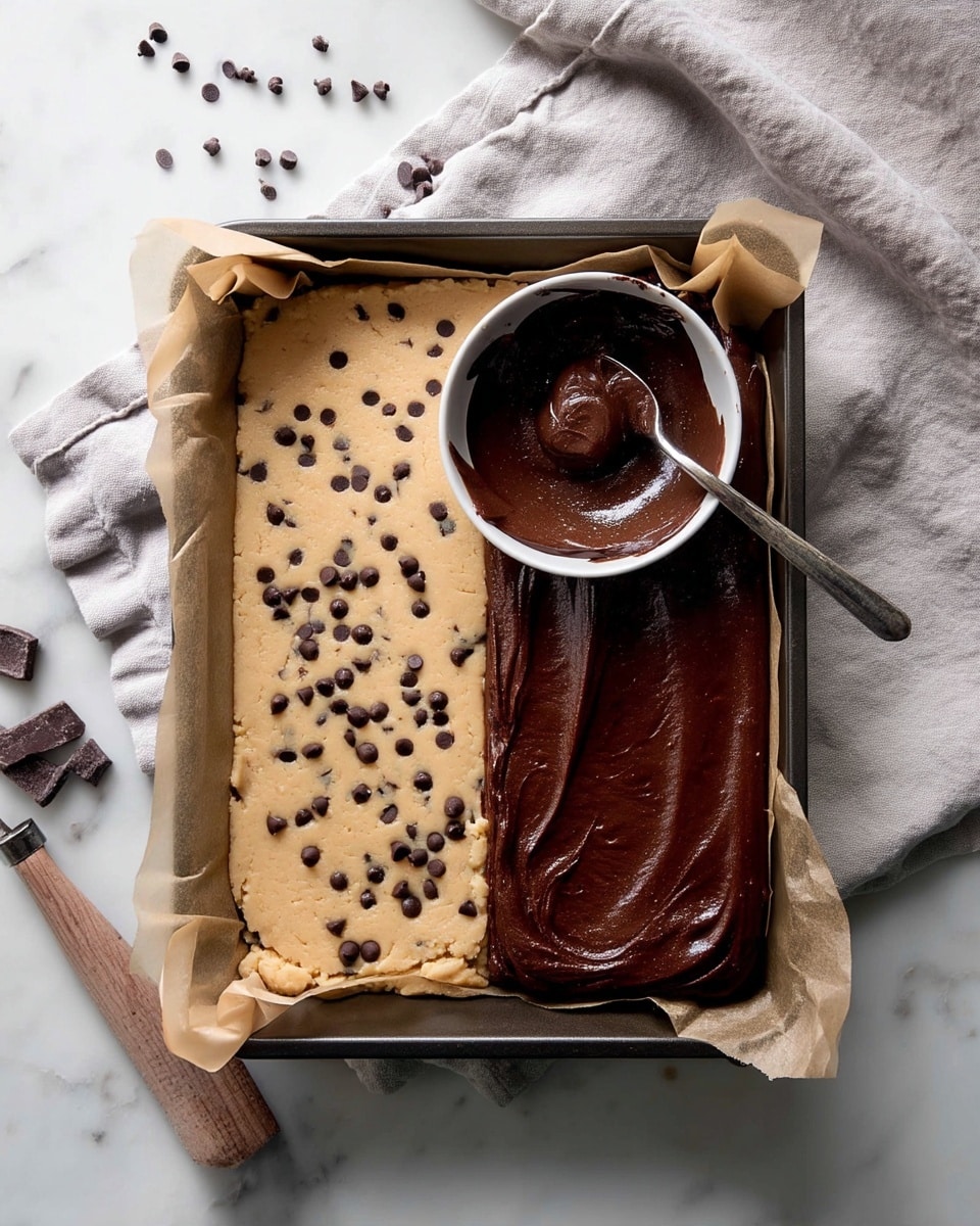 A baking tray lined with light brown parchment paper holds two layers of dough; the right side is light beige dough with small dark chocolate chips scattered, smooth and flat, while the left side is a thick dark brown layer of chocolate dough that's creamy and glossy. Nearby, a white bowl contains rich, shiny dark chocolate batter with a silver spoon resting inside, its surface smooth and thick with swirls. The setup is on a light gray cloth over a white marbled surface, with some chocolate chips scattered near the bowl and a wooden-handled tool to the left. photo taken with an iphone --ar 4:5 --v 7