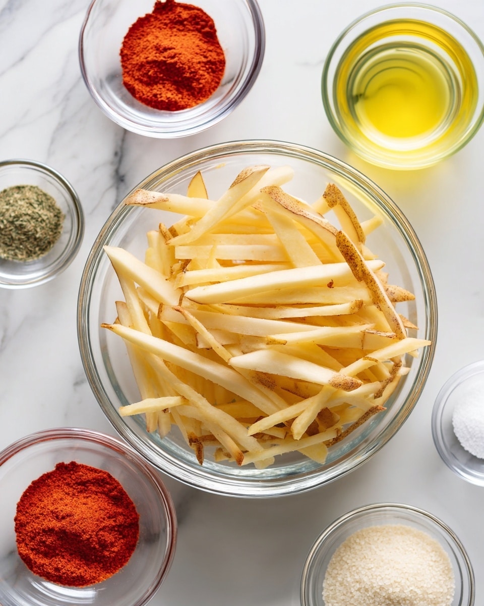 A clear glass bowl filled with long, thin potato sticks, lightly colored with some brown skin edges, placed at the center on a white marbled surface. Around the bowl, there are five smaller clear glass bowls with different ingredients: one with bright red powder, one with yellow clear oil, one with off-white powder, one with coarse white grains, and one empty bowl barely visible, all spaced evenly. The overall setup looks clean and organized, with a bright natural light highlighting the textures and colors. photo taken with an iphone --ar 4:5 --v 7