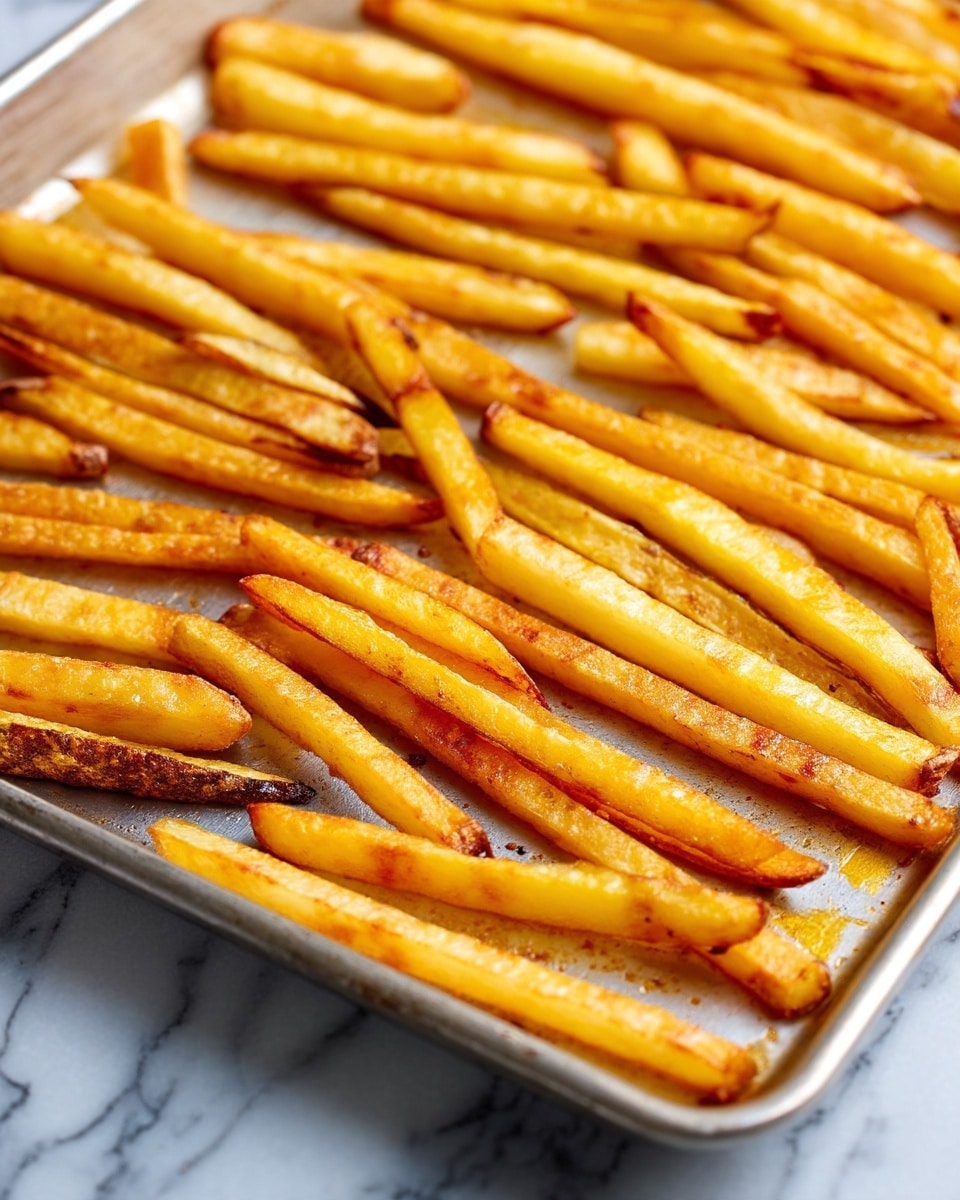 The image shows a single layer of golden-yellow potato fries spread out on a large silver baking tray. The fries are long, thin strips with some crispy browned edges, showing a slightly rough texture with some pieces darker than others. The tray sits on a white marbled surface, and the fries are spaced apart, highlighting their crispy, baked finish. photo taken with an iphone --ar 4:5 --v 7