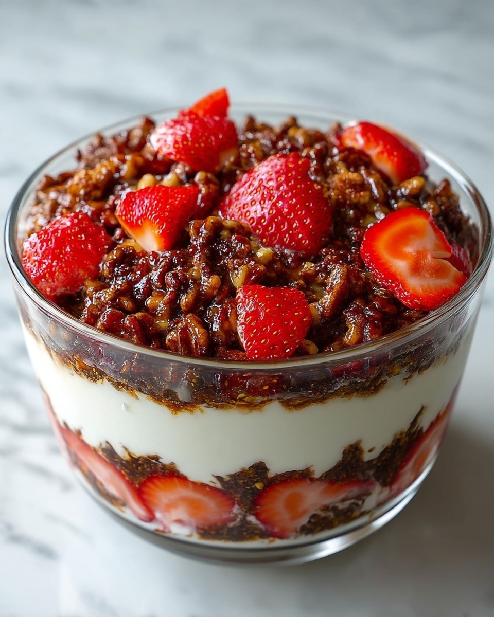 A large clear glass bowl filled with a three-layer dessert sits on a white marbled surface. The bottom layer is white cream with a soft texture, spread evenly across the base. On top of the cream is a thick layer of dark brown nuts covered in a shiny syrup, creating a rough, crunchy look. The top layer is scattered with bright red strawberry slices, some resting on the nuts and others slightly sunk into the cream below, adding a fresh and colorful contrast. Photo taken with an iphone --ar 4:5 --v 7