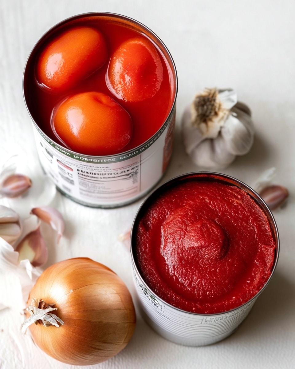 The image shows two open white cans filled with rich, red tomato products; the larger can holds whole peeled tomatoes in a thick red sauce with three smooth, round tomatoes visible on top, while the smaller can contains dense tomato paste with a textured, slightly hollow center. Next to the cans, there is a whole brown onion with a smooth, shiny surface and a few pieces of garlic, some in cloves and some still part of a bulb with papery white skin. All items are placed on a white marbled surface, creating a clean and bright setting. Photo taken with an iphone --ar 4:5 --v 7