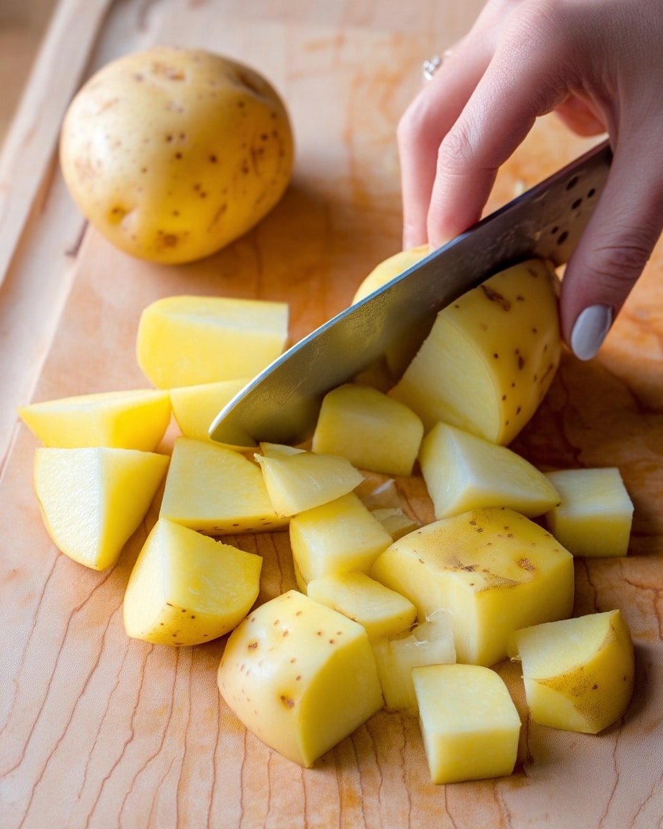 A close-up view of a wooden cutting board with a woman's hand holding a yellow potato steady as a large knife slices through it. Several potato pieces of different sizes and shapes, both whole and cut into chunks, lie scattered on the board. The potato skin is light yellow with small brown spots, and the cut surfaces are smooth and fresh. Photo taken with an iphone --ar 4:5 --v 7