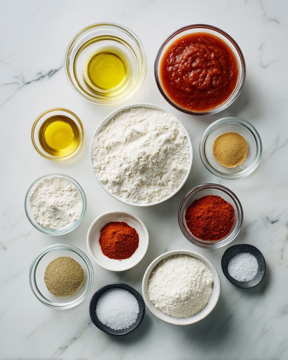 Top-down professional food photography flat lay style bright white marble countertop neatly arranged, evenly spaced, tidy, clean organized layout Include: small glass cup of vegetable oil, bowl of all purpose flour, bowl of chili powder, glass measuring cup of low sodium chicken broth, bowl of tomato sauce, small bowl of ground cumin, small bowl of garlic powder, small bowl of onion salt, small bowl of salt bright soft natural lighting, sharp focus, high detail textures, realistic reflections, professional DSLR look, 4K no finished dish, no cooked food, no hands, no text, no watermark, no brand logos --ar 4:5 --v 7