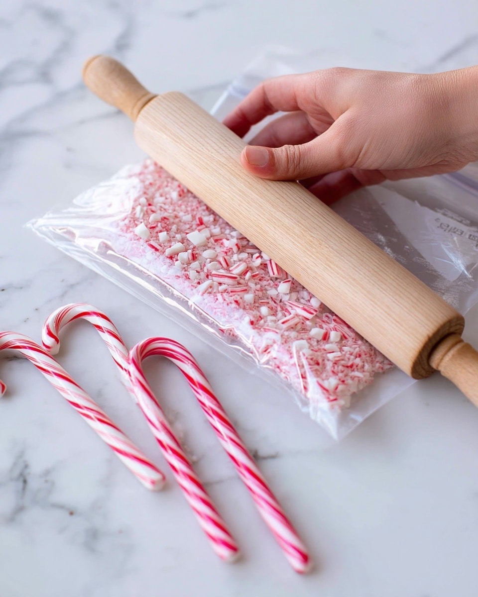 A close-up image shows a woman's hand holding a light wooden rolling pin, pressing over a clear plastic bag filled with crushed red and white candy canes on a white marbled surface. Below the bag, two whole striped candy canes lie diagonally, showing their red and white colors. The overall scene has a soft focus with the rolling pin and crushed candy canes as the main subject. Photo taken with an iphone --ar 4:5 --v 7