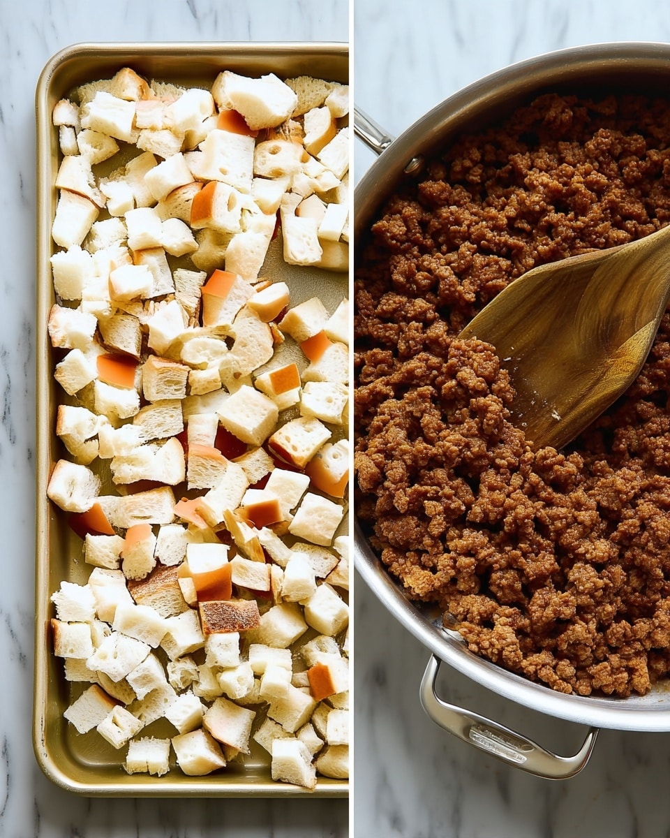 The image shows two side-by-side close-up views of cooking ingredients. On the left, a white tray is filled with small cube pieces of white bread with light brown crusts, scattered evenly across the tray. On the right, a shiny metal pan contains browned ground meat, with a wooden spoon resting inside the pan, gently mixing the meat. The background behind both items has a white marbled texture. photo taken with an iphone --ar 4:5 --v 7