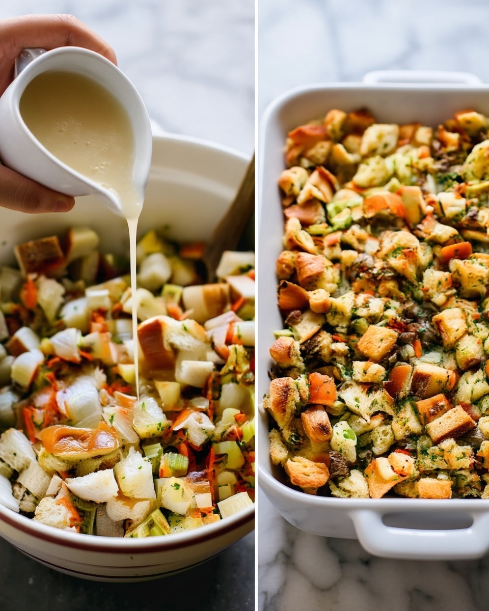 The image shows a two-part view of a dish being made. On the left side, there is a white bowl filled with mixed ingredients, including toasted bread cubes in light brown and white, chopped celery in pale green, small pieces of carrot in orange, and bits of onion in white. A woman's hand is pouring a white liquid over the mixture, and a wooden spoon is partly visible inside the bowl. On the right side, the same ingredients are shown in a white baking dish after baking, with the bread cubes slightly browned and mixed with finely chopped herbs and vegetables, giving a textured look with green, orange, white, and golden brown colors. The baking dish sits on a white marbled surface. photo taken with an iphone --ar 4:5 --v 7