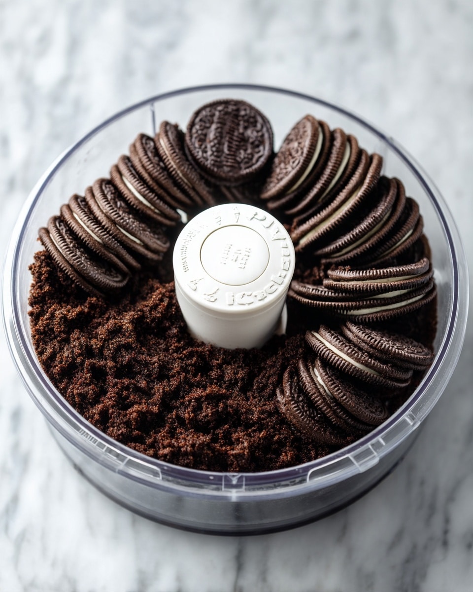 The image shows a clear food processor bowl with whole dark chocolate sandwich cookies arranged upright inside, tightly packed around the central white blade holder. The cookies have a textured, ridged surface with a visible white cream layer in the center. Next to it, the same bowl is shown with the cookies ground into fine, dark brown crumb with a slightly coarse texture, covering the bottom evenly. Both bowls sit on a white marbled surface. photo taken with an iphone --ar 4:5 --v 7