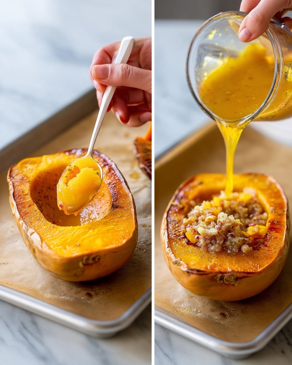 The image shows two close-up scenes side by side on a white marbled surface. On the left, a woman’s hand holding a white spoon is scooping soft, golden-orange roasted squash flesh from a single halved cooked squash with a slightly browned, caramelized skin, resting on brown parchment paper over a silver tray. On the right, the same golden-orange squash flesh is in a clear blender container mixed with small bits of chopped ingredients and spices, while a golden liquid is being poured in from above, creating a mix of yellow and orange colors inside the blender. photo taken with an iphone --ar 4:5 --v 7