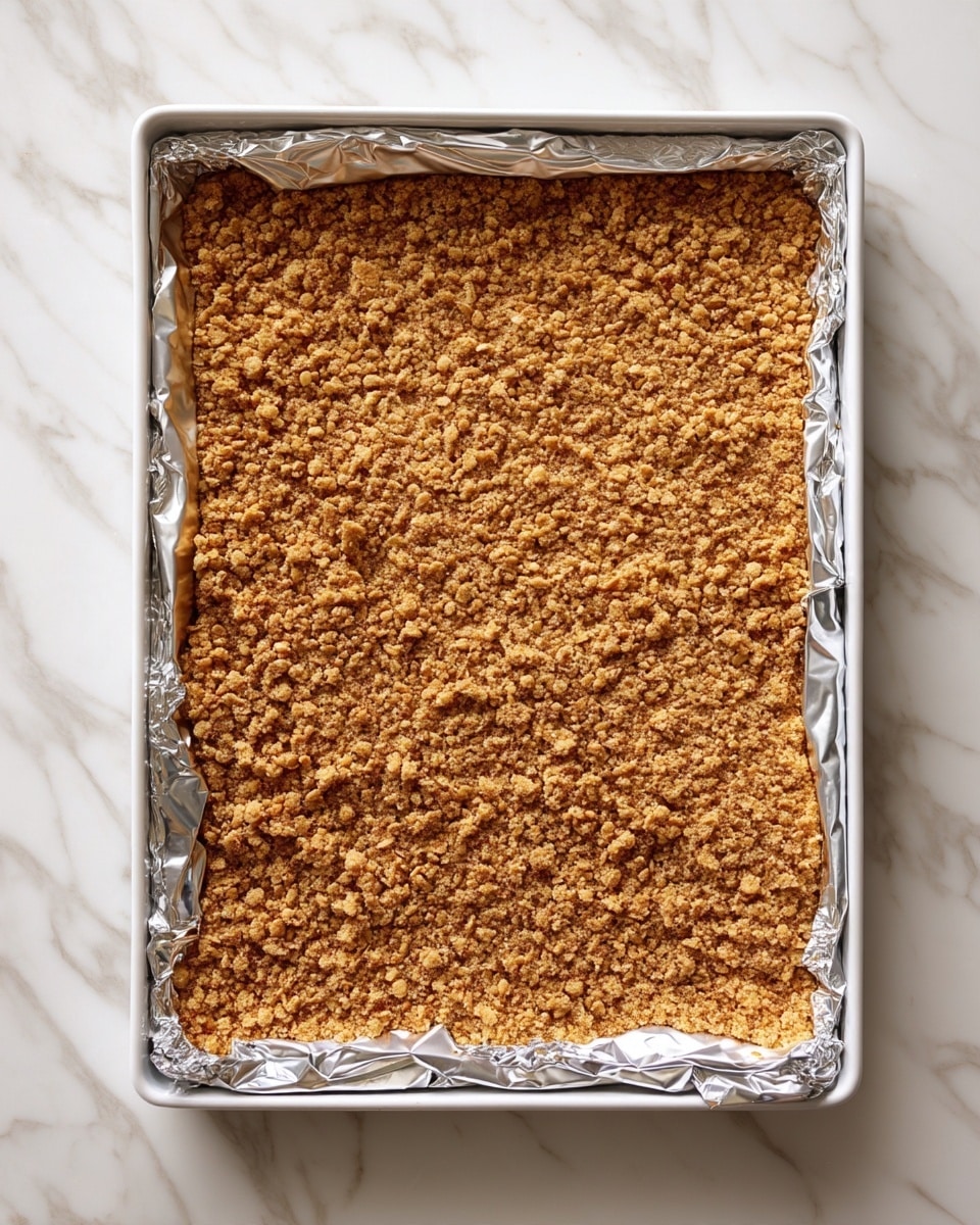 A large white baking tray lined with crumpled aluminum foil holds a thick, even layer of golden brown crumble topping, with a rough, crumbly texture covering the entire surface. The tray is placed on a white marbled surface, and the crumb layer looks crunchy and uniform, filling the frame from corner to corner. Photo taken with an iphone --ar 4:5 --v 7