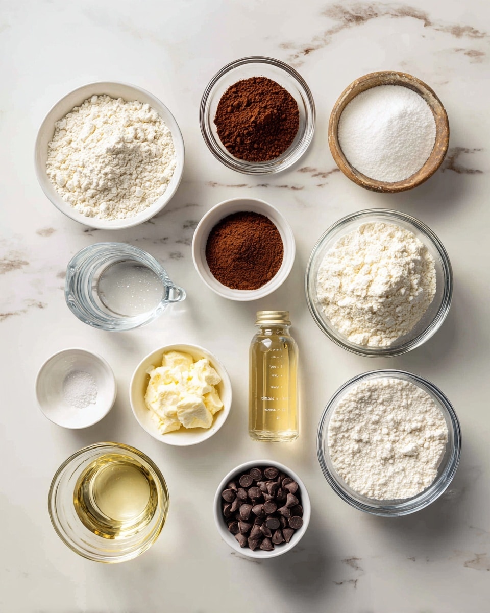 Top-down professional food photography flat lay style, bright white marble countertop, neatly arranged, evenly spaced, tidy, clean organized layout, include: bowl of flour, small bowl of unsweetened cocoa powder, small bowl of Dutch cocoa powder, small bowl of baking soda, small bowl of salt, glass measuring cup of water, small bowl of sugar, small bowl of mashed banana, glass measuring cup of coconut oil, small bottle of vanilla flavoring, small bowl of mini chocolate chips, bright soft natural lighting, sharp focus, high detail textures, realistic reflections, professional DSLR look, 4K, no finished dish, no cooked food, no hands, no text, no watermark, no brand logos --ar 4:5 --v 7