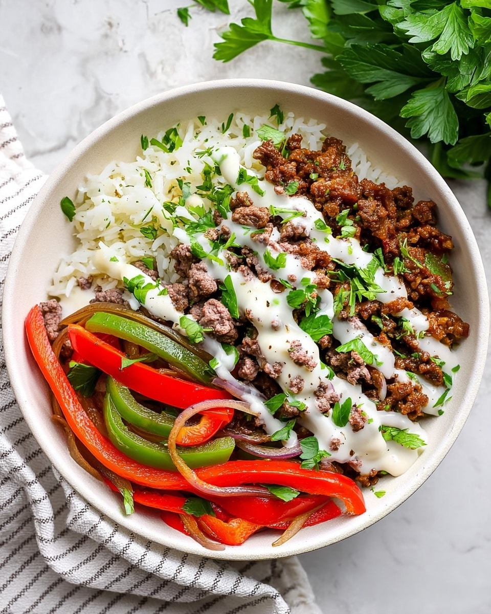 A white bowl filled with a base layer of white rice on the left side, topped with a layer of cooked ground beef in the center. Bright sautéed red and green bell pepper strips mixed with translucent, cooked red onion slices are placed on the right side of the bowl. A creamy white sauce is drizzled over the beef, and fresh, chopped green herbs are sprinkled on top and around the bowl for garnish. The bowl sits on a white marbled surface with a striped cloth napkin partially visible beneath it, and fresh green parsley leaves are placed near the top right. Photo taken with an iphone --ar 4:5 --v 7