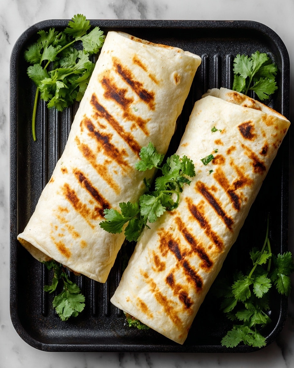 Two grilled wraps lay side by side on a black ridged grill pan, each wrap showing golden brown grill marks evenly spaced across the light beige tortilla. A few sprigs of fresh green cilantro are placed on top of and around the wraps, adding a touch of vibrant color. The background is a white marbled texture, giving a clean and bright feel to the image. photo taken with an iphone --ar 4:5 --v 7