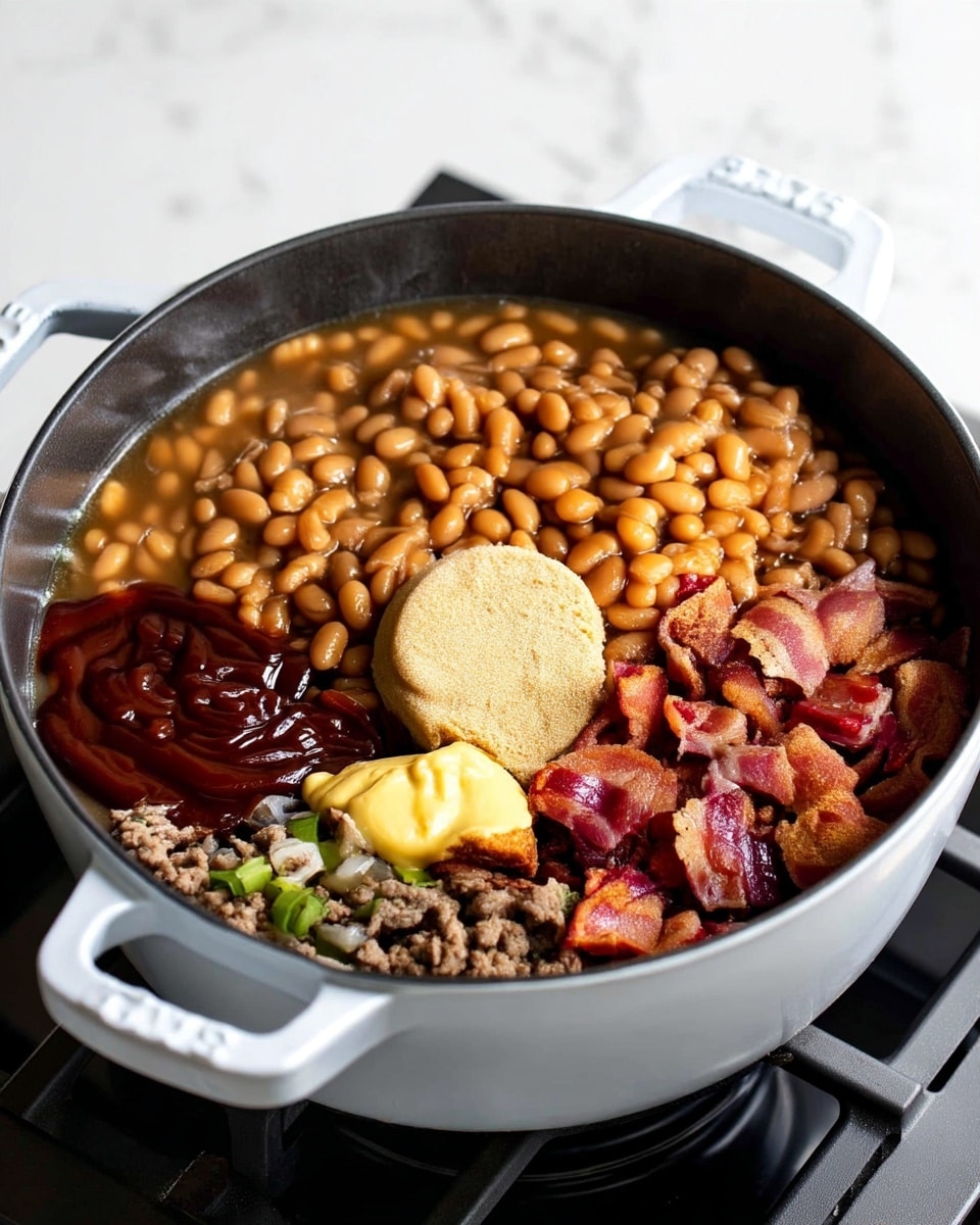 A white pot filled with several layers of ingredients arranged without mixing. The largest layer is light brown baked beans covering almost half the pot. Below the baked beans, there is a dark reddish-brown barbecue sauce spread in one section. Next to the sauce, there is a round, light tan mound of brown sugar in the center. On the right side, there are crispy, uneven pieces of reddish-brown bacon. Below the brown sugar and bacon, there is a dollop of yellow mustard sitting on a bed of cooked ground meat mixed with small pieces of green pepper. The pot is sitting on a stove with black grates in the background, and the surface underneath has a white marbled texture. Photo taken with an iphone --ar 4:5 --v 7