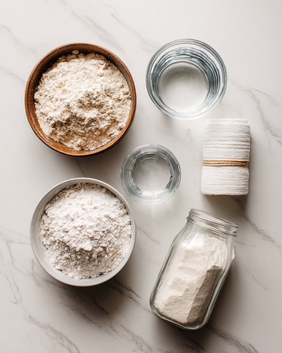 Top-down professional food photography flat lay style, bright white marble countertop, neatly arranged, evenly spaced, tidy, clean organized layout, include: bowl of whole wheat flour, bowl of unbleached all-purpose flour, small glass cup of water, clear glass jar empty for starter, paper towel and rubber band placed neatly beside jar, bright soft natural lighting, sharp focus, high detail textures, realistic reflections, professional DSLR look, 4K, no finished dish, no cooked food, no hands, no text, no watermark, no brand logos --ar 4:5 --v 7