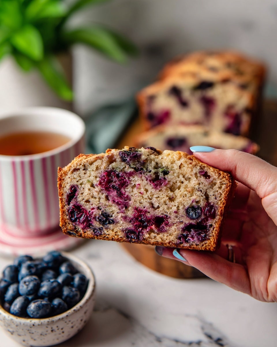 A close-up of a single slice of berry bread being held by a woman's hand with painted nails; the bread slice shows a light brown crumb with embedded deep purple and red berries scattered inside. In the background, there are more slices of the same berry bread stacked on a white marbled surface next to a wooden board, and a small bowl filled with fresh blueberries on the left side. The scene also includes a blurred green plant in a pot and a cup of tea in a white cup with pink stripes placed on a coaster. Photo taken with an iphone --ar 4:5 --v 7
