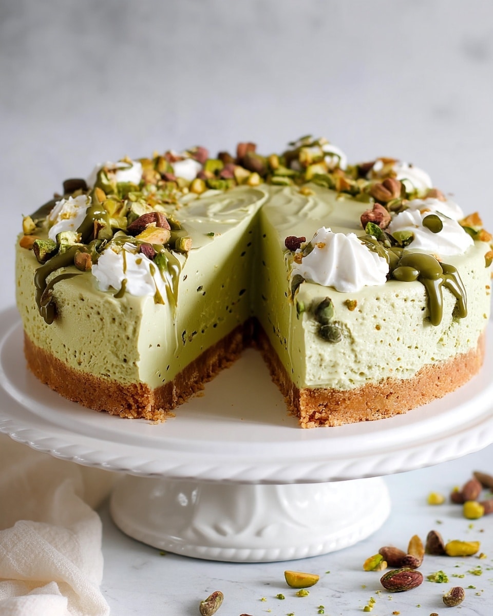 A round cake with two clear layers sits on a white cake stand over a white marbled surface. The bottom layer is a crumbly, golden-brown crust, while the thick top layer is a smooth, pale green mousse with a creamy texture. The top edge of the cake is decorated with dollops of white whipped cream, scattered green and brown chopped pistachios, and green sauce drizzled over the cream and edges. A slice is missing, showing the even layers inside. Photo taken with an iphone --ar 4:5 --v 7