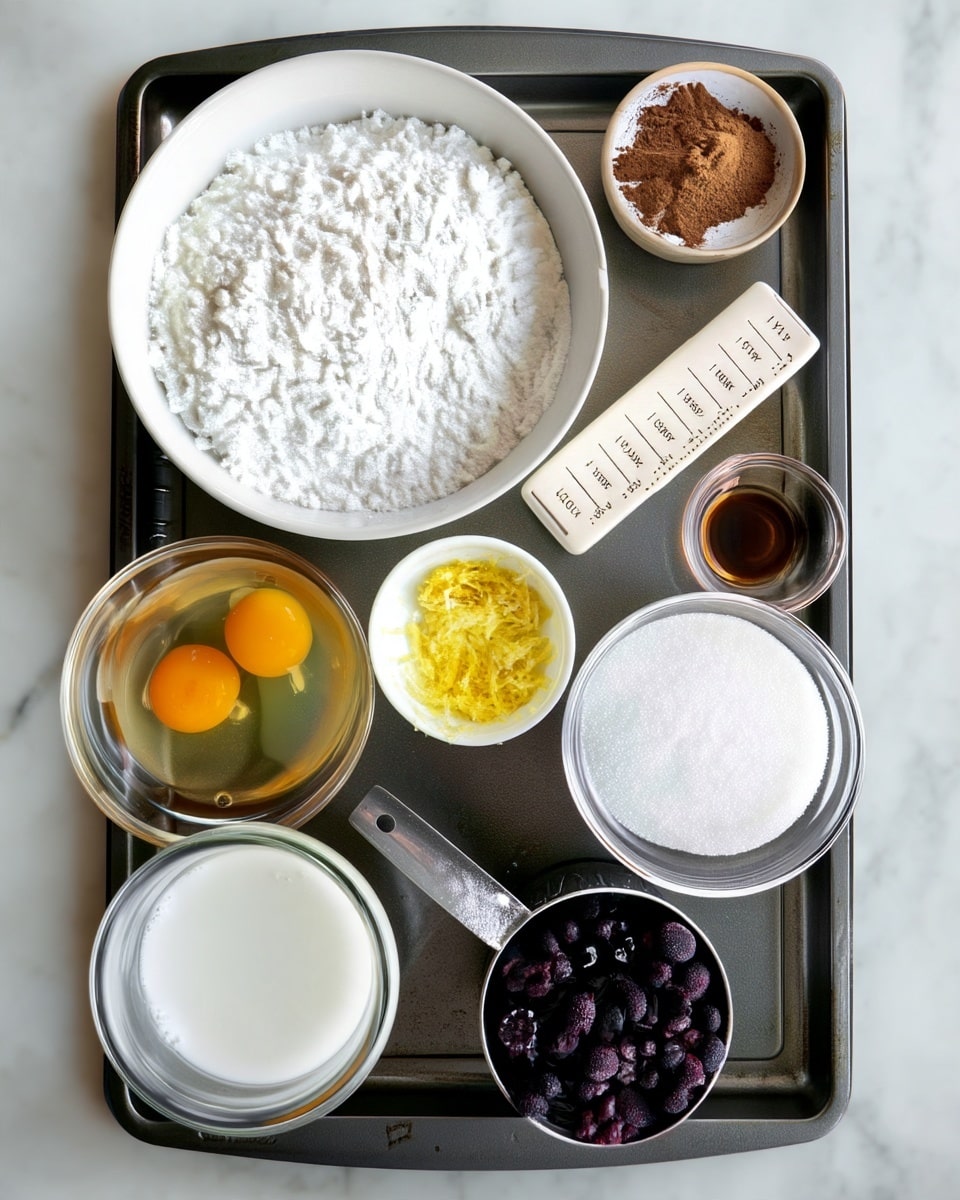 The image shows a metal tray placed on a white marbled surface, with various ingredients arranged neatly. At the top left is a large white bowl filled with white flour, next to it on the right is a small white bowl holding cocoa powder with a small amount of white powder. Below the cocoa powder is a white measuring stick marked with tablespoon measures. To the bottom right is a clear glass bowl full of white granulated sugar. Below the sugar is a metal measuring cup filled with dark purple blueberries. At the bottom left of the tray is a clear glass bowl holding two raw eggs with bright yellow yolks. Above the eggs is a clear glass filled with a white liquid, likely milk. Near the center of the tray is a small white bowl with bright yellow lemon zest. Finally, near the right edge is a small clear container with a dark brown liquid, probably vanilla extract. All items are placed orderly on the tray, with the white marbled surface visible around. Photo taken with an iphone --ar 4:5 --v 7