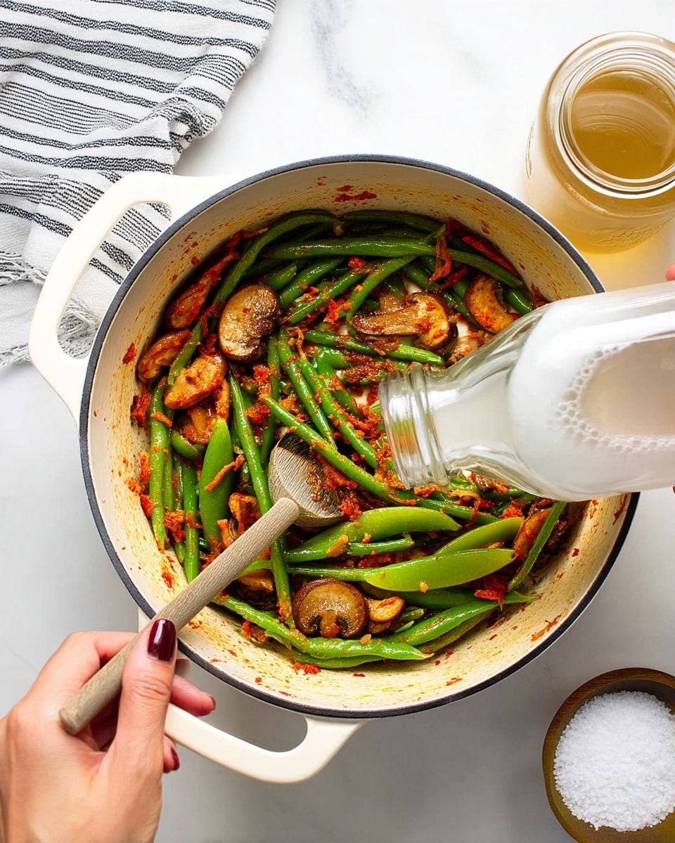 The image shows a white cast iron pot with cooked ingredients inside placed on a white marbled surface. Inside the pot, there are green snap peas and brown, sliced mushrooms mixed with red-orange bits of cooked vegetables or spices. A wooden spoon rests inside the pot on the left side, touching the vegetables. A woman's hand with burgundy nail polish is pouring a white liquid from a clear glass bottle into the pot, where the liquid creates a pale layer over some of the ingredients. Around the pot, on the white marbled surface, there is a jar with a red liquid near the top left, a cloth with gray and white stripes near the top right, a jar with golden liquid at the bottom left, and a small brown bowl filled with coarse white salt at the bottom right. The photo taken with an iphone --ar 4:5 --v 7
