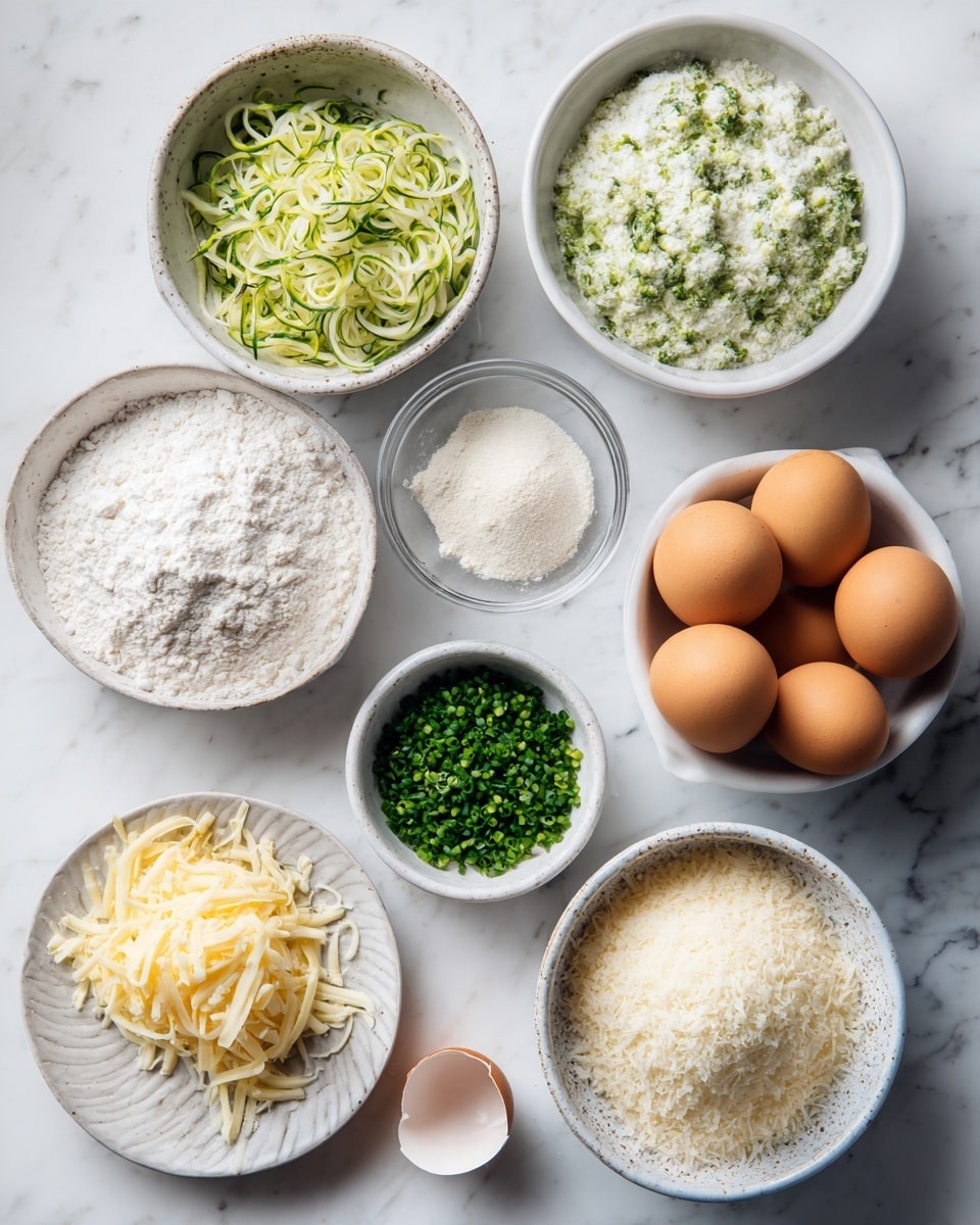 Top-down professional food photography flat lay style, bright white marble countertop, neatly arranged, evenly spaced, tidy, clean organized layout, include: bowl of all-purpose flour, small bowl of finely chopped fresh chives, small bowl of onion powder, bowl of grated raw zucchini, small plate with whole eggs, bowl of grated cheddar cheese, bright soft natural lighting, sharp focus, high detail textures, realistic reflections, professional DSLR look, 4K, no finished dish, no cooked food, no hands, no text, no watermark, no brand logos --ar 4:5 --v 7