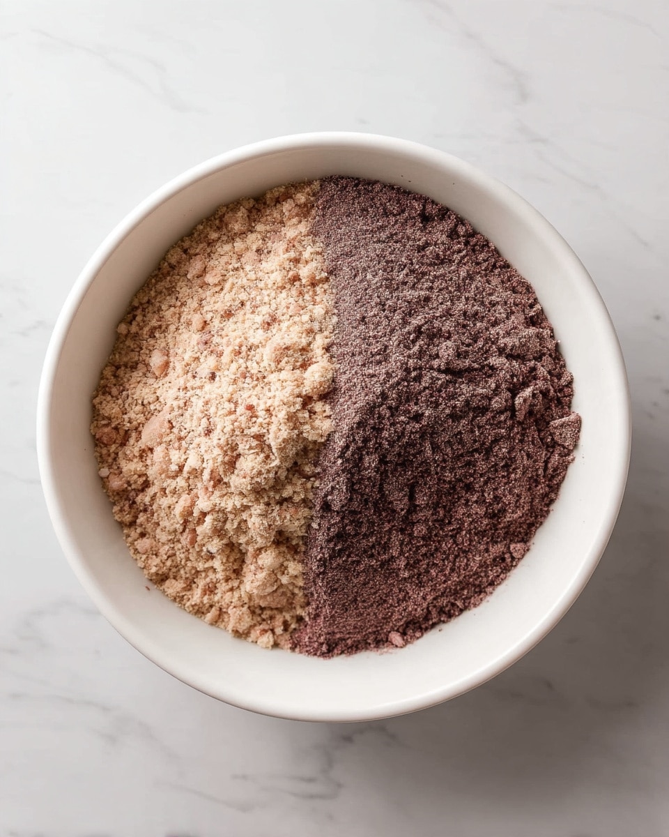 A white bowl filled with two dry ingredients side by side, each taking about half of the bowl's space; the left half holds a light brown, crumbly texture with fine specks, while the right half contains a darker, smooth powder with a hint of purple-gray. The bowl sits on a white marbled surface, and the image is shot from above, showing the clear division of the two powders inside the bowl photo taken with an iphone --ar 4:5 --v 7