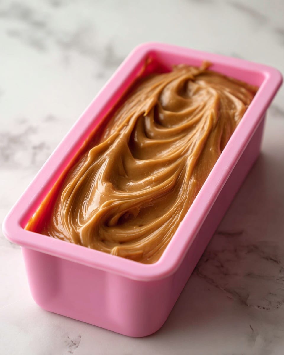 The image shows a close-up of a rectangular pink silicone mold filled with smooth, thick, caramel-colored batter or cream, swirled on top with gentle, wavy patterns. The mold is placed on a white marbled surface, and the details of the batter highlight its creamy texture with soft peaks and folds, making it look rich and inviting. photo taken with an iphone --ar 4:5 --v 7