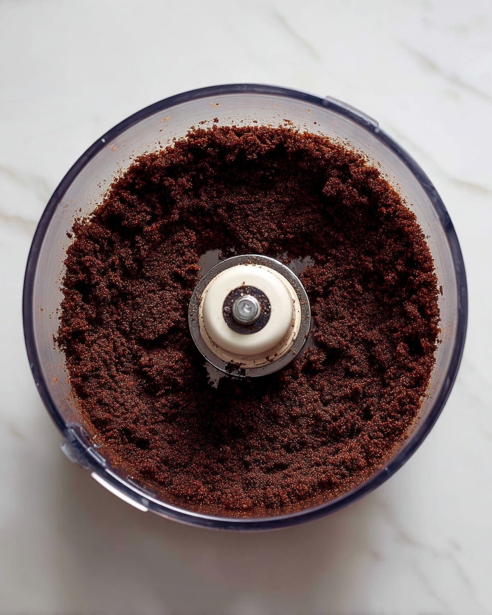A clear food processor bowl sits on a white marbled surface, containing a single layer of dark brown, crumbly mixture spread unevenly around the center spindle, with some crumbs scattered lightly on the sides of the bowl. The texture looks coarse and grainy, indicating a blended dry ingredient, and the metal spindle in the bowl center shows some signs of use and scraping. photo taken with an iphone --ar 4:5 --v 7