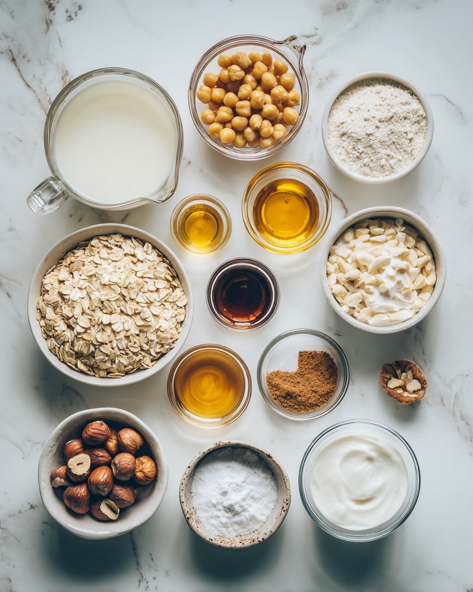 Top-down professional food photography, flat lay style, bright white marble countertop, neatly arranged, evenly spaced, tidy, clean organized layout, include: bowl of old fashioned rolled oats, can of chickpeas with liquid in a small glass cup, glass measuring cup of plant-based milk, small glass cup of canola oil, small glass cup of apple cider vinegar, small bottle of vanilla flavoring, bowl of unsweetened cocoa powder, small bowl of cornstarch, small bowl of granulated sweetener, small bowl of baking powder, small bowl of baking soda, small bowl of salt, bowl of hazelnuts, small glass cup of agave syrup, small glass cup of canola oil for frosting, small bowl of granulated sweetener for frosting, small bowl of salt for frosting, bowl of plain yogurt, bright soft natural lighting, sharp focus, high detail textures, realistic reflections, professional DSLR look, 4K, no finished dish, no cooked food, no hands, no text, no watermark, no brand logos --ar 4:5 --v 7