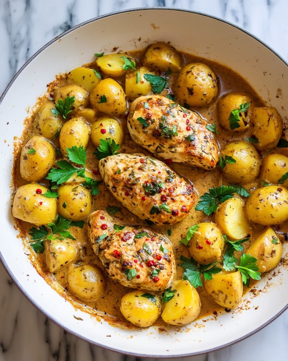 The image shows a white round pan filled with three cooked chicken pieces placed on the bottom half of the pan, each seasoned with herbs and small red pepper flakes. Above the chicken, there are many small quartered yellow potatoes, all covered in a creamy brown sauce with visible herbs and spices. Some fresh green parsley leaves are scattered on top for garnish, with a few leaves placed towards the lower left side of the pan. The edges of the pan have a slightly browned residue from cooking, and the pan is set on a white marbled surface. Photo taken with an iphone --ar 4:5 --v 7