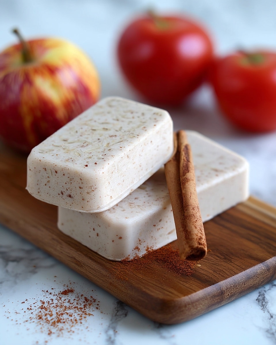 The image shows two rectangular pale beige blocks with small brown specks inside, placed on a wooden board. One block faces up, revealing a rough texture with small bits, while the other lies flat beside it. A brown cinnamon stick leans against the block lying flat. In the background, there are two red apples and a blurred tomato, all set on a white marbled surface. The photo taken with an iphone --ar 4:5 --v 7