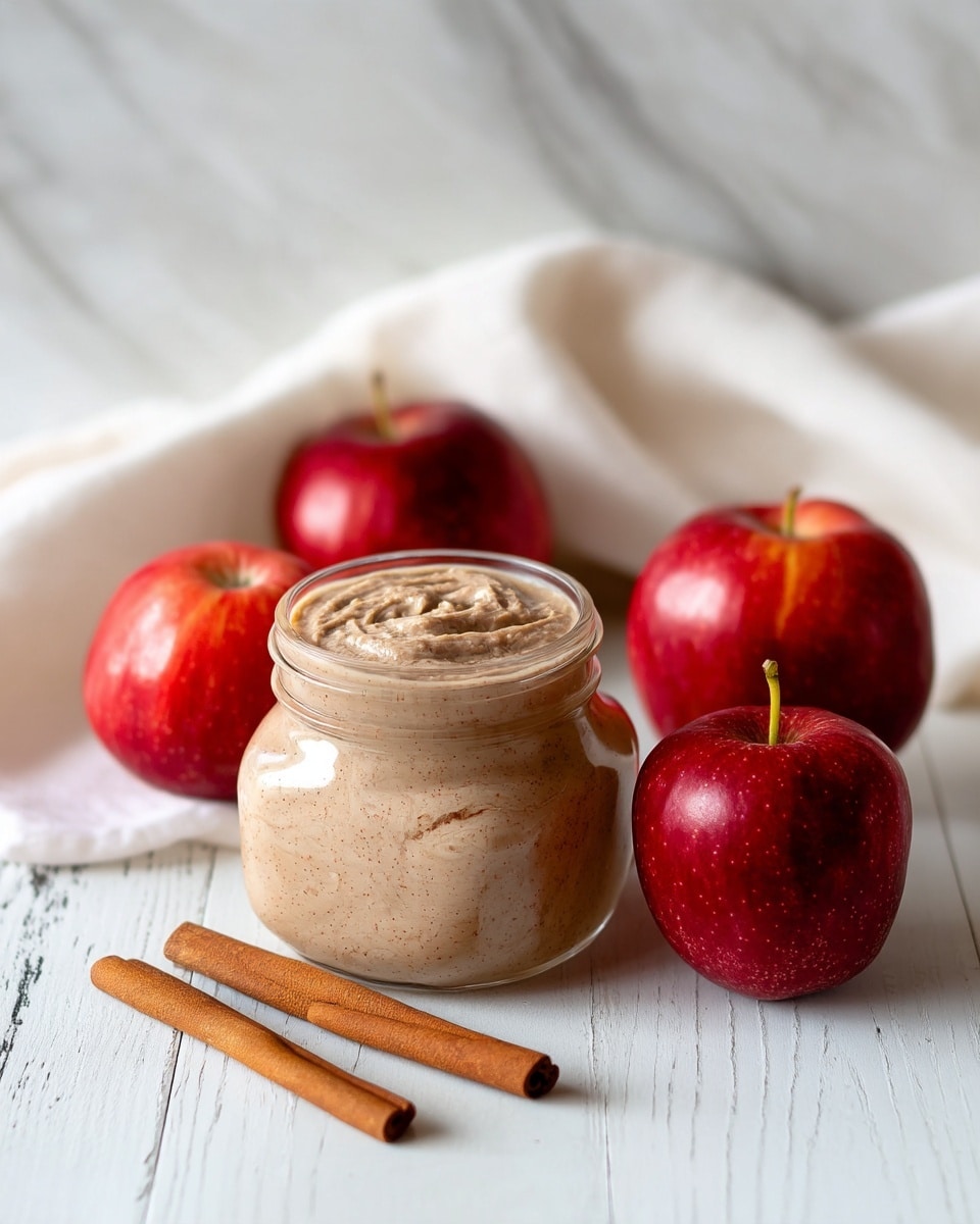 A small clear glass jar filled with light brown creamy spread with a smooth, slightly swirled texture on top. Three whole red apples with shiny skins are placed close to the jar, one leaning against it and two sitting nearby. Two brown cinnamon sticks lie in front of the jar on a white wooden surface. The background shows soft white fabric and the surface is a white marbled texture. photo taken with an iphone --ar 4:5 --v 7