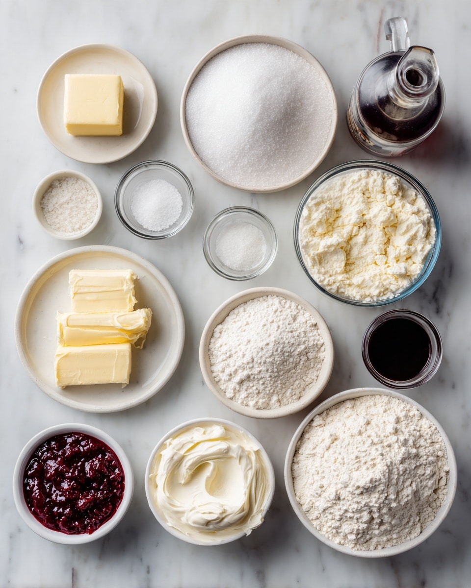Top-down professional food photography, flat lay style, bright white marble countertop, neatly arranged, evenly spaced, tidy, clean organized layout. Include: bowl of granulated sugar, small plate of vegan butter, bowl of dairy-free yogurt, bottle of vanilla flavoring, bottle of almond flavoring, bowl of ground almonds, bowl of all-purpose flour, small bowl of baking powder, small bowl of baking soda, small bowl of sea salt, glass measuring cup of vegan buttermilk, small bowl of raspberry jam, bowl of vegan cream cheese frosting. Bright soft natural lighting, sharp focus, high detail textures, realistic reflections, professional DSLR look, 4K. No finished dish, no cooked food, no hands, no text, no watermark, no brand logos --ar 4:5 --v 7